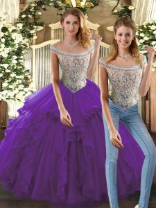 Glittering Purple Sleeveless Organza Lace Up Sweet 16 Quinceanera Dress for Military Ball and Sweet 16 and Quinceanera