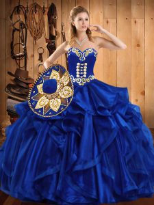 Sweet Floor Length Lace Up Ball Gown Prom Dress Royal Blue for Military Ball and Sweet 16 and Quinceanera with Embroider