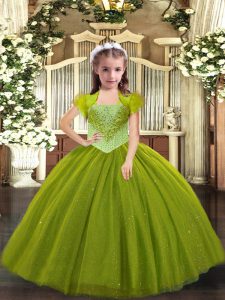 Olive Green Ball Gowns Beading Pageant Dress for Teens Lace Up Tulle Sleeveless Floor Length