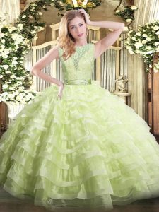 Extravagant Scoop Sleeveless Organza Quinceanera Gowns Lace and Ruffled Layers Backless