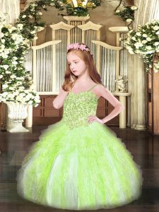 Custom Made Yellow Green Organza Lace Up Spaghetti Straps Sleeveless Floor Length Little Girls Pageant Gowns Appliques a