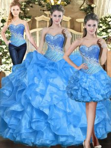 Cheap Baby Blue Ball Gowns Sweetheart Sleeveless Organza Floor Length Lace Up Ruffles 15 Quinceanera Dress