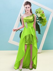 Beautiful Yellow Green One Shoulder Lace Up Beading and Sequins Prom Dress Sleeveless