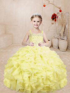 Light Yellow Ball Gowns Beading and Ruffles Little Girl Pageant Gowns Lace Up Organza Sleeveless Floor Length