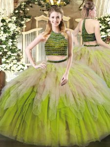 Multi-color Tulle Lace Up Halter Top Sleeveless Floor Length Sweet 16 Quinceanera Dress Beading and Ruffles