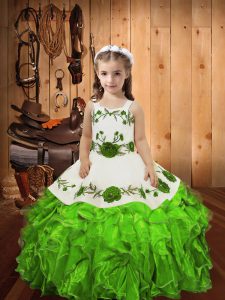 Simple Sleeveless Lace Up Floor Length Embroidery and Ruffles Kids Pageant Dress