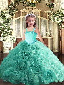Fashionable Floor Length Lace Up Pageant Dress Toddler Turquoise for Party and Quinceanera with Appliques