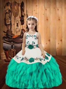 Customized Aqua Blue Organza Lace Up Straps Sleeveless Floor Length Little Girls Pageant Dress Wholesale Embroidery and 