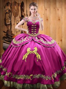 New Arrival Fuchsia Ball Gowns Beading and Embroidery Quinceanera Dresses Lace Up Satin and Organza Sleeveless Floor Len