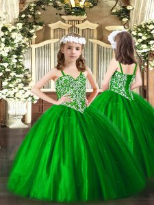 Straps Sleeveless Lace Up Child Pageant Dress Green Tulle