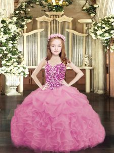 Rose Pink Sleeveless Floor Length Beading and Ruffles and Pick Ups Lace Up Child Pageant Dress