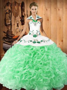 Apple Green Ball Gowns Fabric With Rolling Flowers Halter Top Sleeveless Embroidery Floor Length Lace Up Quinceanera Gow