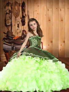 Low Price Straps Sleeveless Pageant Gowns For Girls Brush Train Embroidery and Ruffles Yellow Green Organza