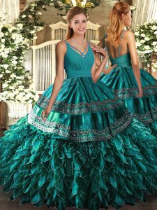 Floor Length Backless 15 Quinceanera Dress Teal for Military Ball and Sweet 16 and Quinceanera with Ruffles