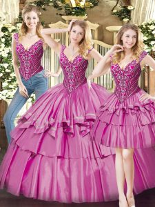 Floor Length Three Pieces Sleeveless Fuchsia Sweet 16 Dresses Lace Up