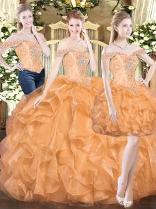 Attractive Orange Red Organza Lace Up Off The Shoulder Sleeveless Floor Length Quinceanera Gowns Ruffles