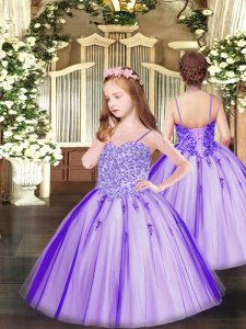 Floor Length Lace Up Pageant Dress for Girls Lavender for Party and Quinceanera with Appliques