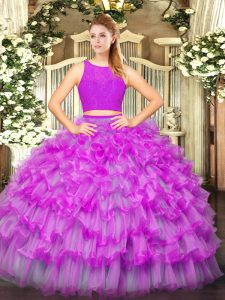 Luxurious Floor Length Zipper Sweet 16 Dress Fuchsia for Military Ball and Sweet 16 and Quinceanera with Ruffled Layers