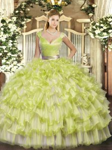 Latest Yellow Green Organza Zipper 15th Birthday Dress Sleeveless Floor Length Ruffled Layers