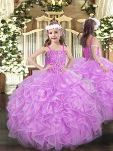 Trendy Floor Length Lilac Pageant Dress Toddler Organza Sleeveless Beading and Ruffles