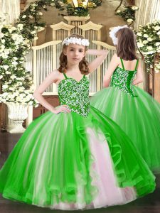 Green Ball Gowns Beading Pageant Dresses Lace Up Tulle Sleeveless Floor Length