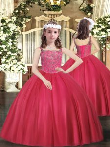 Charming Coral Red Ball Gowns Beading Pageant Gowns For Girls Lace Up Tulle Sleeveless Floor Length