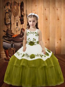 Sleeveless Floor Length Embroidery and Ruffled Layers Lace Up Pageant Dress with Olive Green