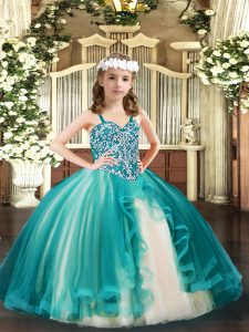 Floor Length Ball Gowns Sleeveless Teal Kids Formal Wear Lace Up
