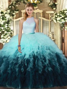 Shining Ball Gowns Quinceanera Gowns Multi-color High-neck Tulle Sleeveless Floor Length Backless