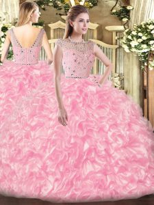 Ball Gowns Quince Ball Gowns Rose Pink Bateau Tulle Sleeveless Floor Length Zipper