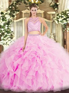 Scoop Sleeveless Tulle 15th Birthday Dress Beading and Ruffles Backless
