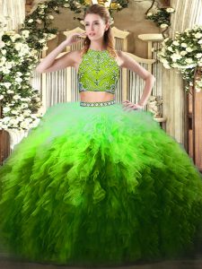 Multi-color Two Pieces High-neck Sleeveless Tulle Floor Length Zipper Beading and Ruffles Quinceanera Gown