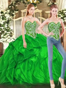 Tulle Sweetheart Sleeveless Lace Up Beading and Ruffles Ball Gown Prom Dress in Green