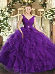 Luxurious Tulle V-neck Sleeveless Backless Beading and Ruffles Quinceanera Dress in Purple