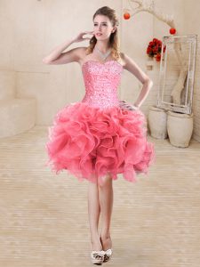 Pretty Watermelon Red Ball Gowns Beading and Ruffles Junior Homecoming Dress Lace Up Organza Sleeveless Mini Length