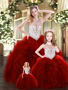 Great Scoop Sleeveless Tulle Quince Ball Gowns Beading and Ruffles Lace Up