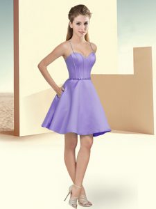 New Arrival Lavender Satin Clasp Handle Dama Dress Sleeveless Mini Length Beading