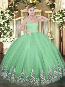 Adorable Apple Green Ball Gowns Tulle Straps Sleeveless Appliques Floor Length Zipper Vestidos de Quinceanera