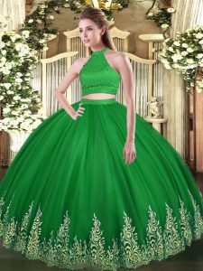 Green Ball Gowns Tulle Halter Top Sleeveless Beading and Appliques Floor Length Backless Ball Gown Prom Dress