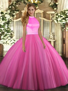 Rose Pink Tulle Backless Halter Top Sleeveless Floor Length Quinceanera Dresses Beading