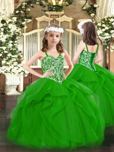 Green Tulle Lace Up Straps Sleeveless Floor Length Pageant Dress for Teens Beading and Ruffles