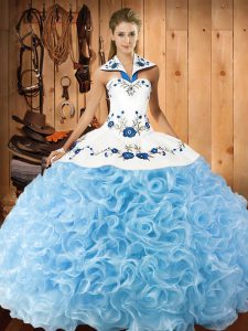 Fabric With Rolling Flowers Halter Top Sleeveless Lace Up Embroidery 15th Birthday Dress in Baby Blue
