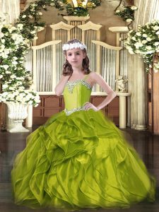 Enchanting Olive Green Lace Up Girls Pageant Dresses Beading and Ruffles Sleeveless Floor Length