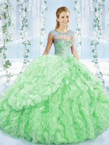 Beading and Ruching Vestidos de Quinceanera Apple Green Lace Up Sleeveless Brush Train