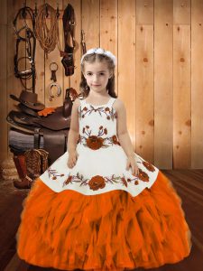 Perfect Orange Little Girl Pageant Dress Sweet 16 and Quinceanera with Embroidery and Ruffles Straps Sleeveless Lace Up