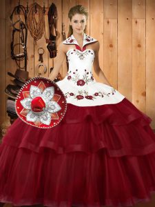 Halter Top Sleeveless Sweep Train Lace Up Quinceanera Dresses Wine Red Satin and Organza