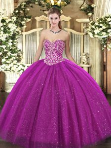 Dramatic Sleeveless Floor Length Beading Lace Up Quinceanera Dresses with Fuchsia