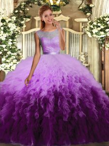 Scoop Sleeveless Tulle Quinceanera Dress Beading and Appliques and Ruffles Backless