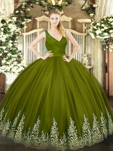 On Sale Olive Green Sleeveless Beading and Lace and Appliques Floor Length 15th Birthday Dress