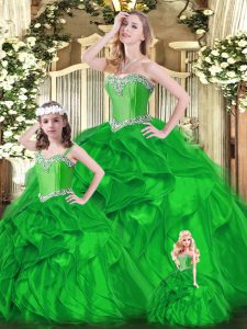 Floor Length Green Quinceanera Gowns Organza Sleeveless Beading and Ruffles